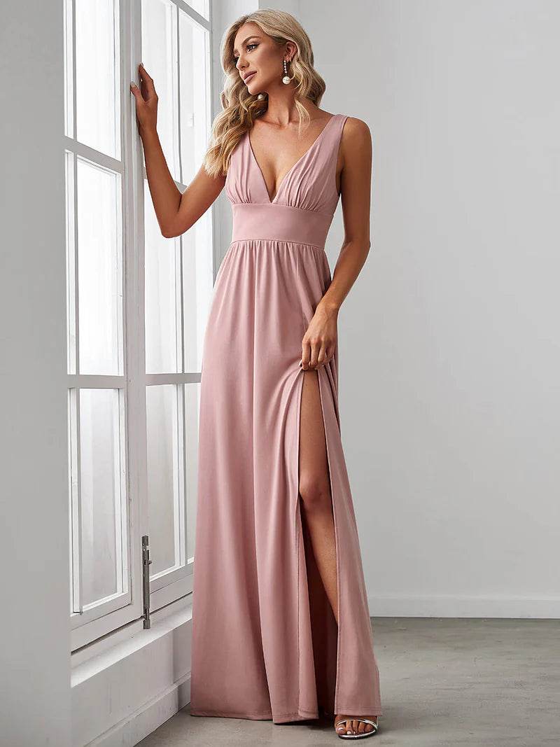 Elegant V-Neck Floor-Length Evening Dress with High Slit & Empire Waist - Biamonde